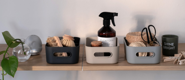 Orthex SmartStore Comfort storage baskets on a shelf